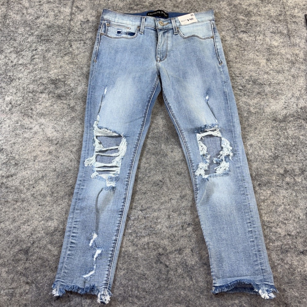 Express Jeans Women's 6S Light‎ Blue Denim Ankle Legging Mid Rise Stretch Frayed